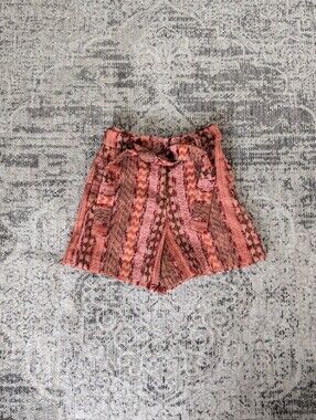 Eva Franco tapestry style highrise coral pink patterned high waisted shorts .